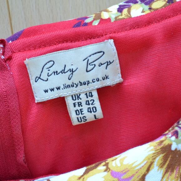 Lindy Bop Fit and Flare Midi Dress Red Floral Size L - Picture 3 of 4
